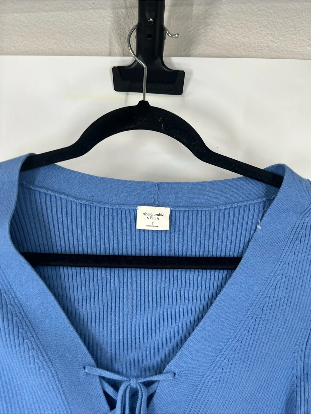 Abercrombie & Fitch Lace-Up Ribbed Long Sleeve Sweater Blue
